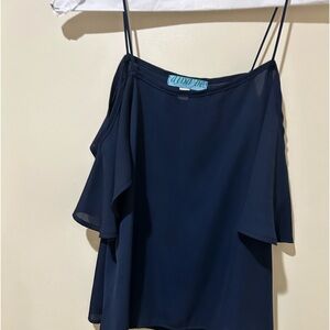 Navy blue Chiffon cold shoulder short sleeve pullover blouse